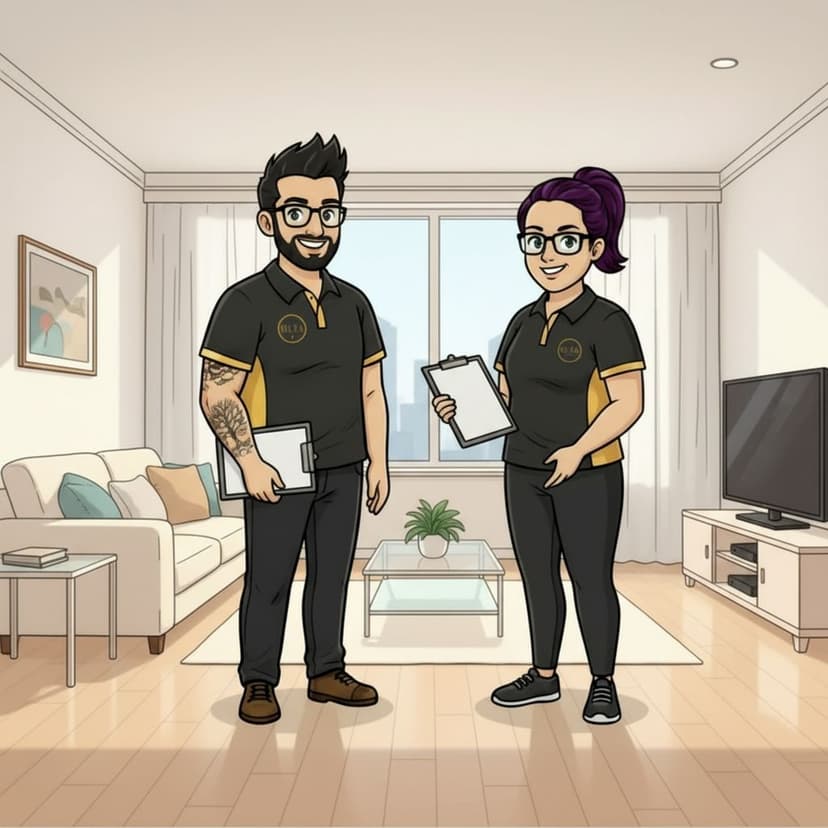 Luke and Nicole standing in a room with sparkling floors