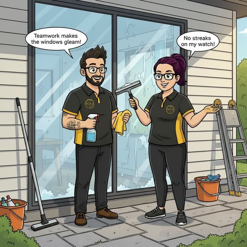 Luke and Nicole standing outside next to sparkling clean windows